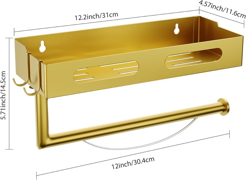 EffiJoy Paper Towel Holder Wall Mount for Kitchen, Paper Towel Holder with Shelf for Bathroom, RV Paper Towel Rack with 2 Hooks, Gold - Image 2